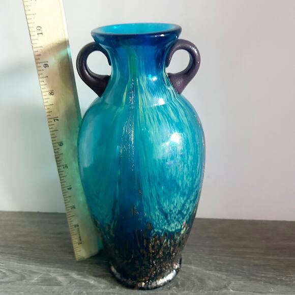 Dale Tiffany Favrile Amphora Art Glass Teal Blue Copper Aventurine 10" Vase EUC - Picture 10 of 10